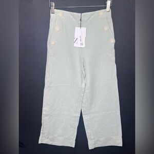 NWT Girls Zara Light Green Wide Leg Cropped Linen Blend Trousers Pants Sz 11-12